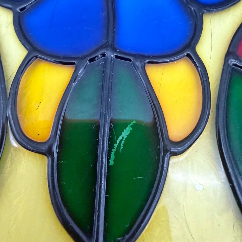 Vintage Stained Glass Window Panel Suncatcher Floral Leaded Metal Frame 18x12